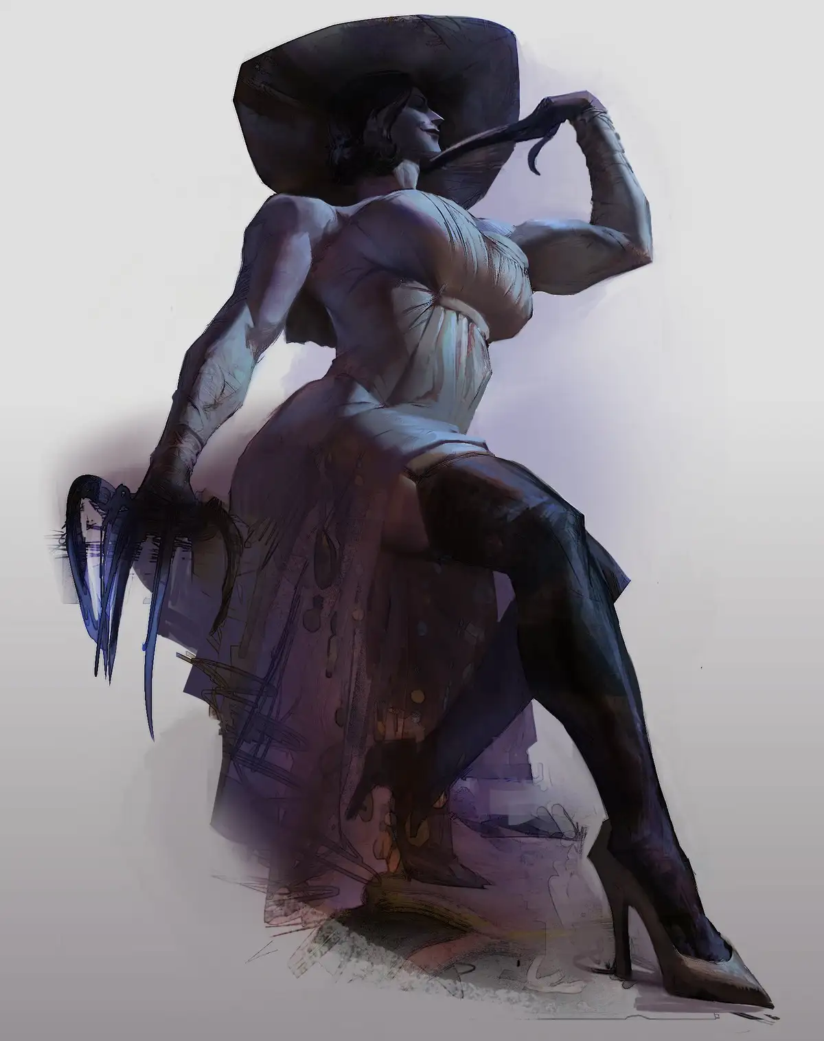 A muscular woman in a revealing dress and high heels poses confidently while holding a large, dark, rectangular object over…