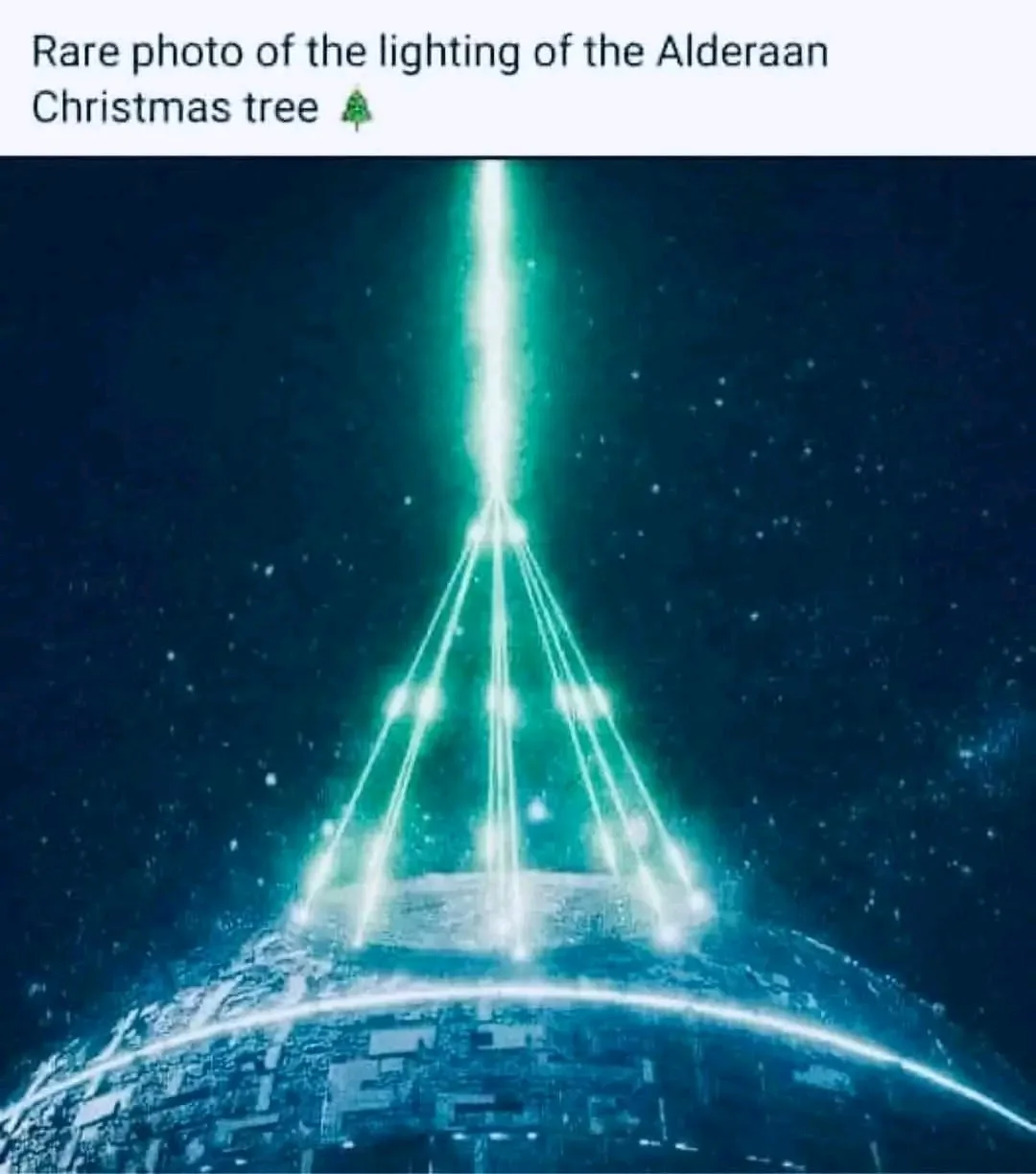 The image shows a view of a planet from space, with a bright green laser-like beam shooting upward from its surface…