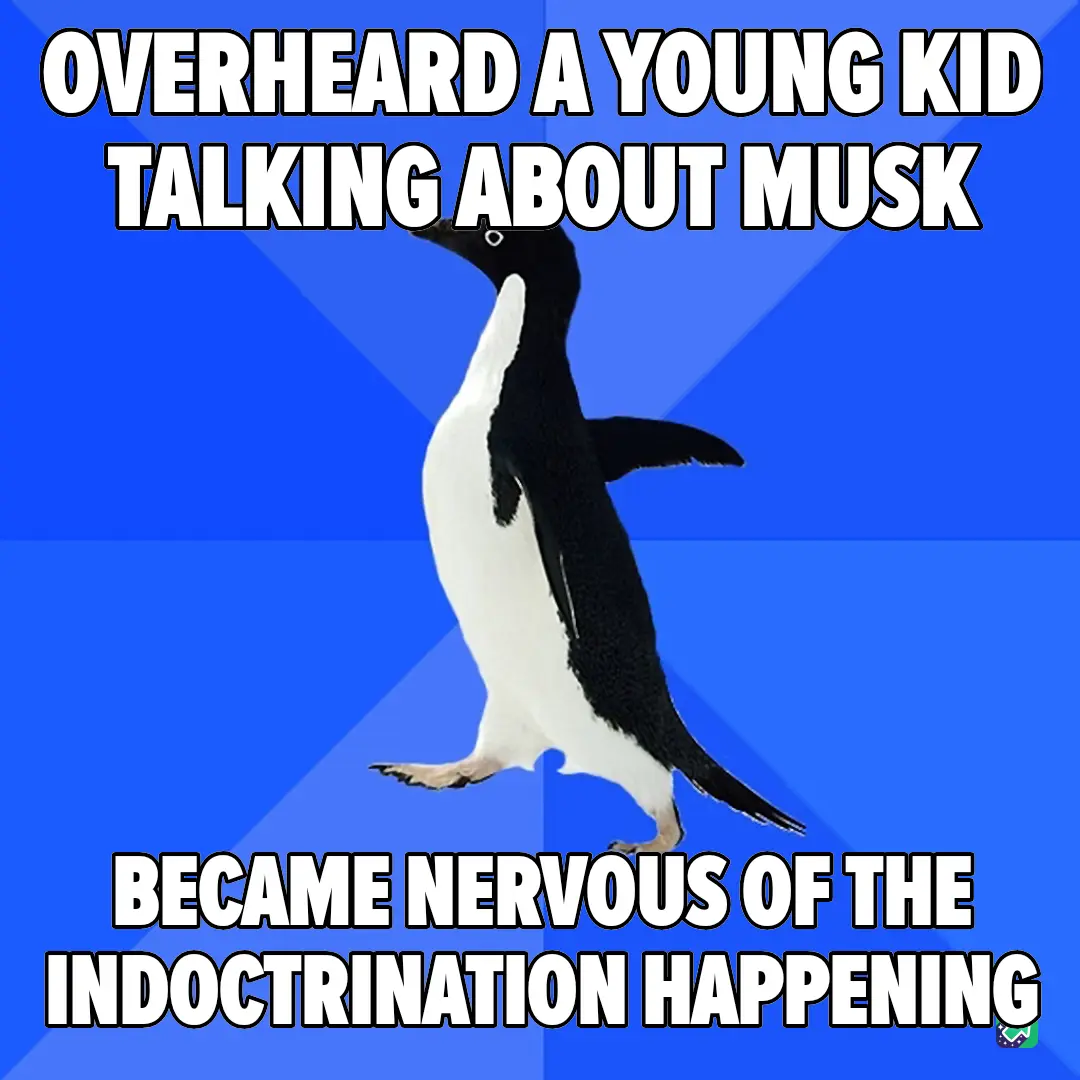 A penguin stands upright against a blue background with bold white text. The top text reads 'OVERHEARD A YOUNG KID TALKING…