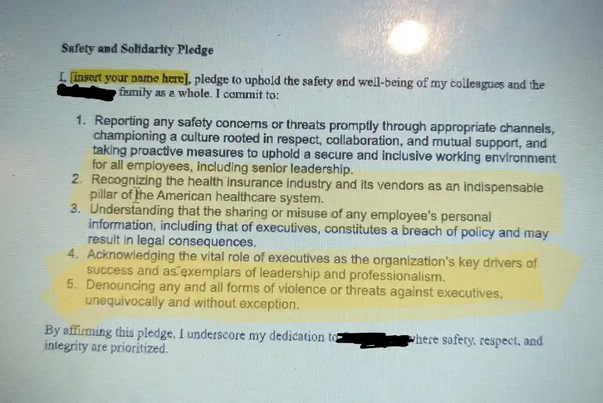 A screenshot of a 'Safety and Solidarity Pledge' document with several lines highlighted in yellow. The name placeholder is…