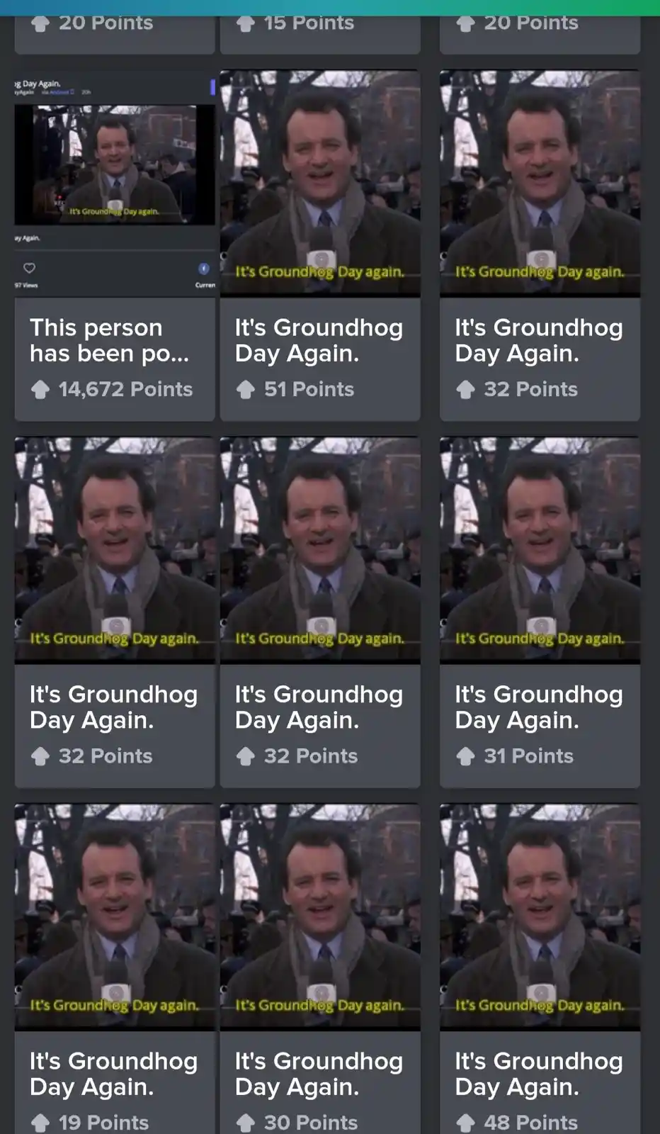 A screenshot of a Reddit-style interface showing multiple identical posts. Each post features a still image of actor Bill…