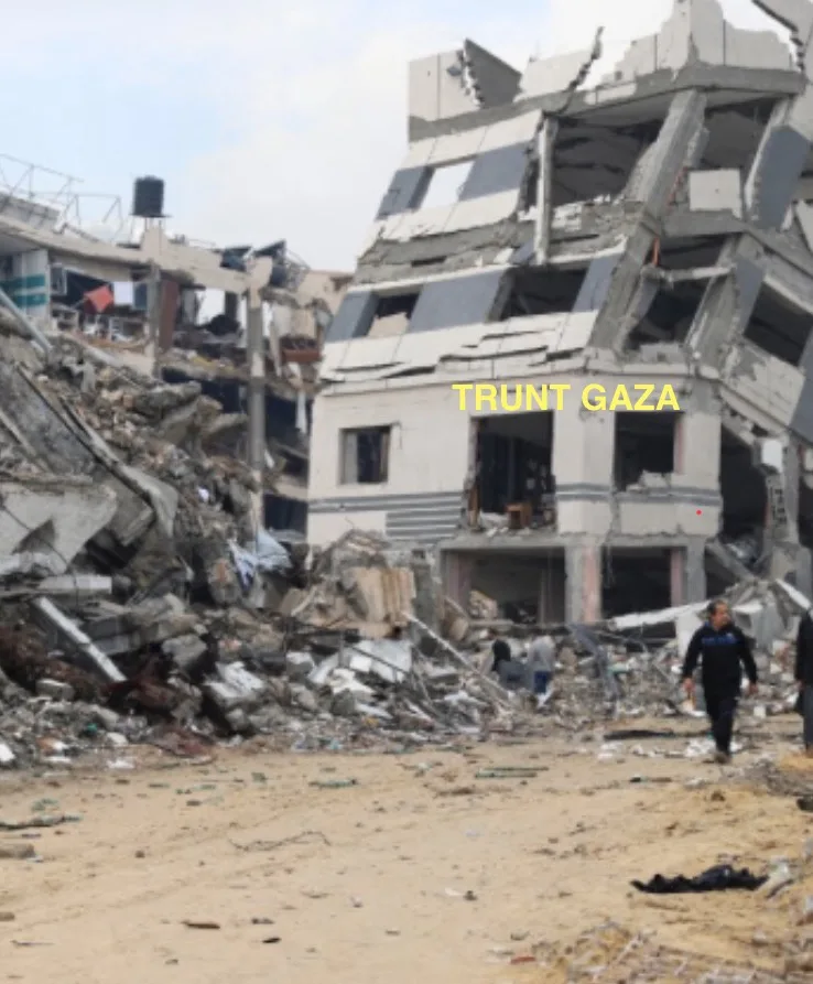 A photograph shows a heavily damaged, partially collapsed multi-story building in a war-torn urban area, with rubble and…
