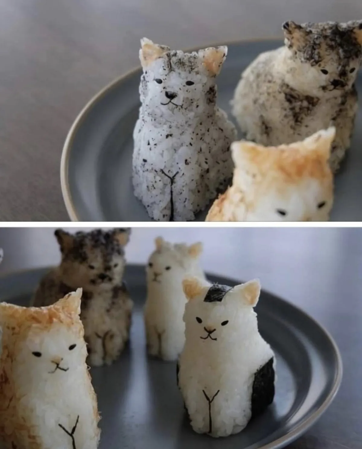 Two photos show intricately shaped rice balls molded into cat figures, decorated with seaweed, black sesame seeds, and…