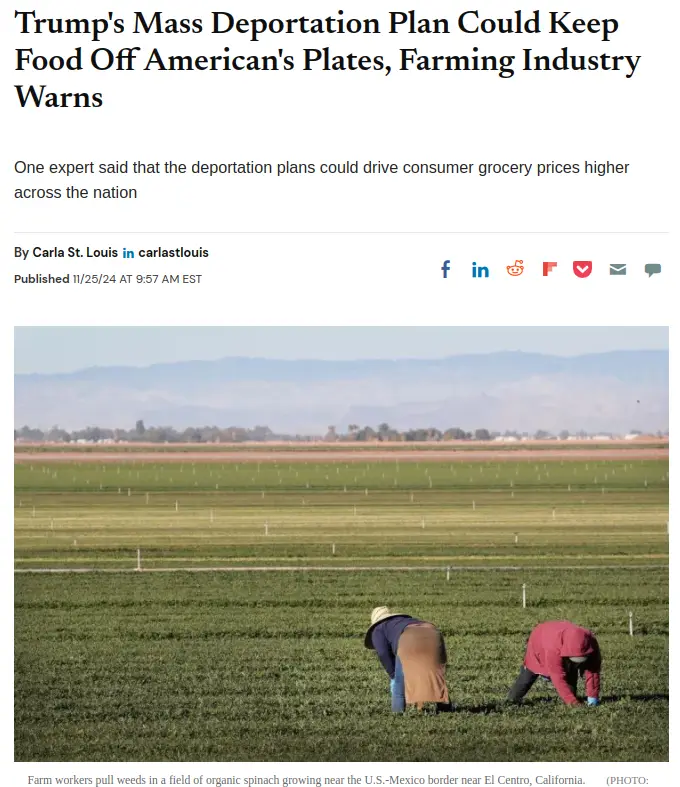 A screenshot of a news article with a headline about Trump's deportation plan potentially affecting food supply, overlaid on…