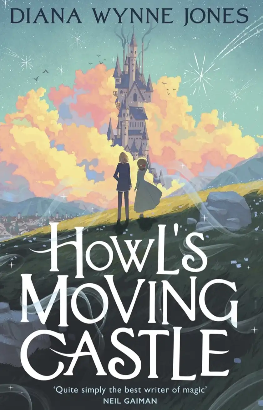 The image is the cover of Diana Wynne Jones's book 'Howl's Moving Castle,' featuring two characters standing on a hill…