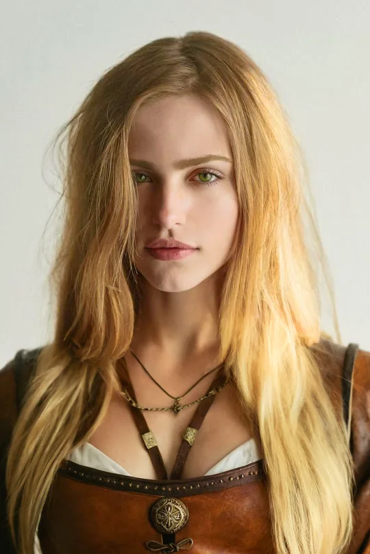 A woman with long blonde hair and green eyes, wearing a brown leather corset over a white top, stares directly at the camera…