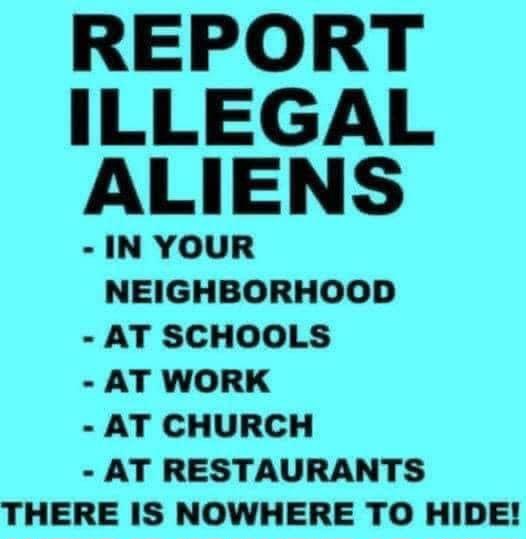 A bright cyan background displays bold black text that reads 'REPORT ILLEGAL ALIENS' followed by a bulleted list of…