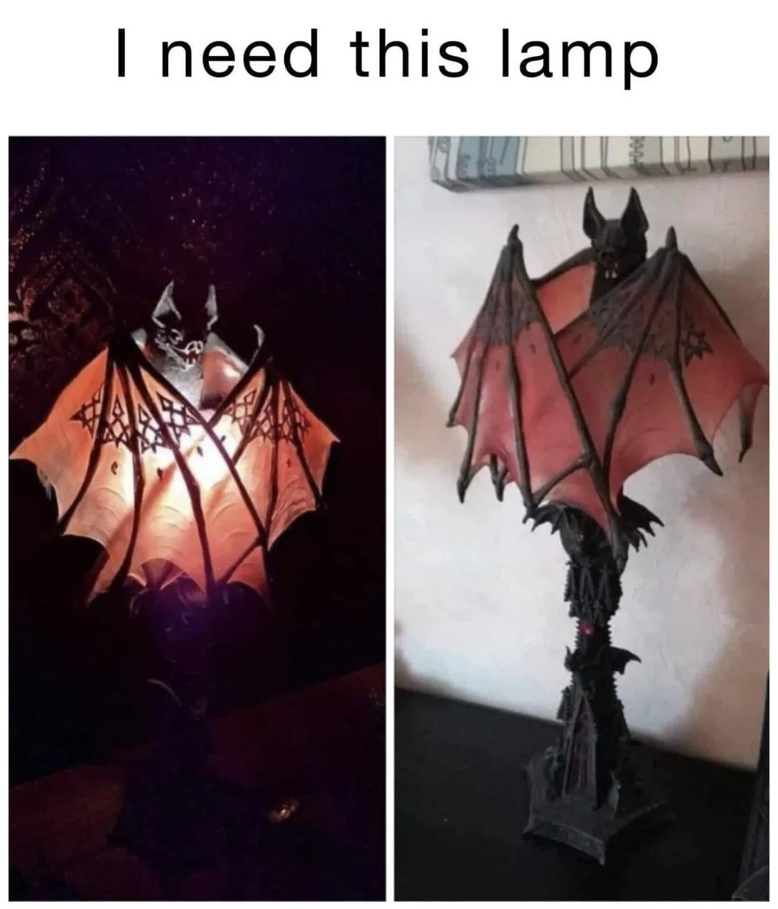 The image displays a split-screen comparison of a bat-shaped lamp. The left panel shows the lamp illuminated, glowing warmly…