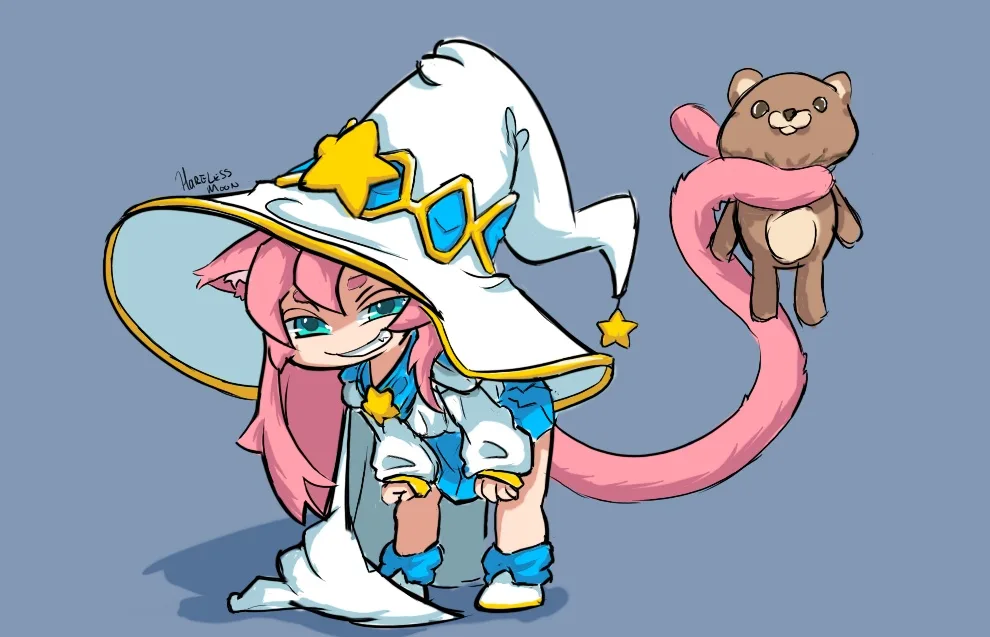 A cartoon girl with pink hair and a large white wizard hat decorated with yellow stars and blue gems is kneeling, smiling…