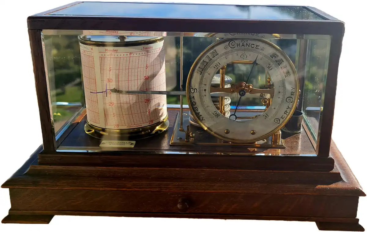 A vintage wooden and brass barometer and rain gauge housed in a glass case, with the barometer dial showing 'STORMY' and the…