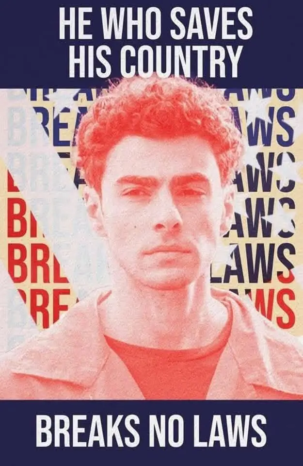 A portrait of a young man with curly hair, overlaid with bold white text at the top reading 'HE WHO SAVES HIS COUNTRY' and…