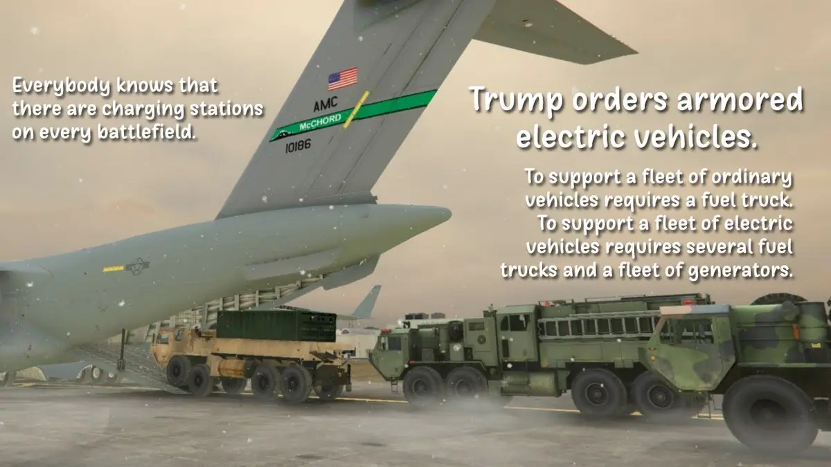 A military airfield scene with a large C-17 Globemaster III aircraft and several armored military trucks on the tarmac…