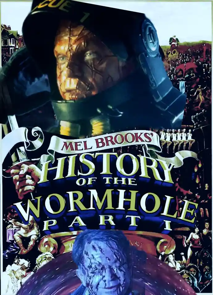 A movie poster parody featuring a close-up of a man in a futuristic helmet with 'CUE 1' visible, set against a chaotic…