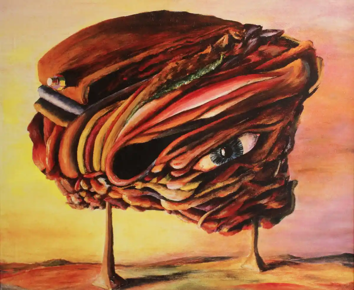 A surreal painting depicts a tree whose trunk and branches are formed from stacked, layered burger ingredients like buns…