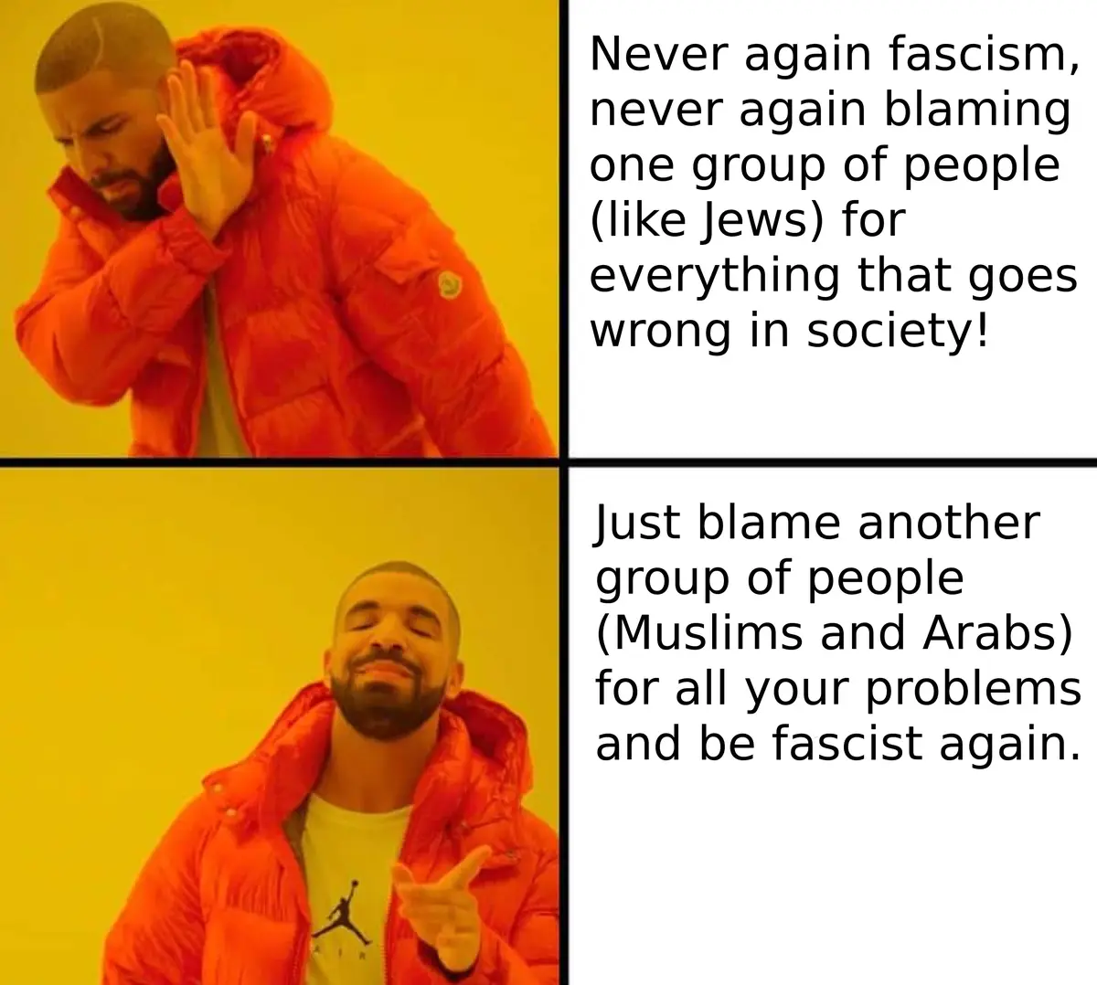 The image shows Drake in two panels: top panel he covers his ears with a pained expression, bottom panel he points with a…