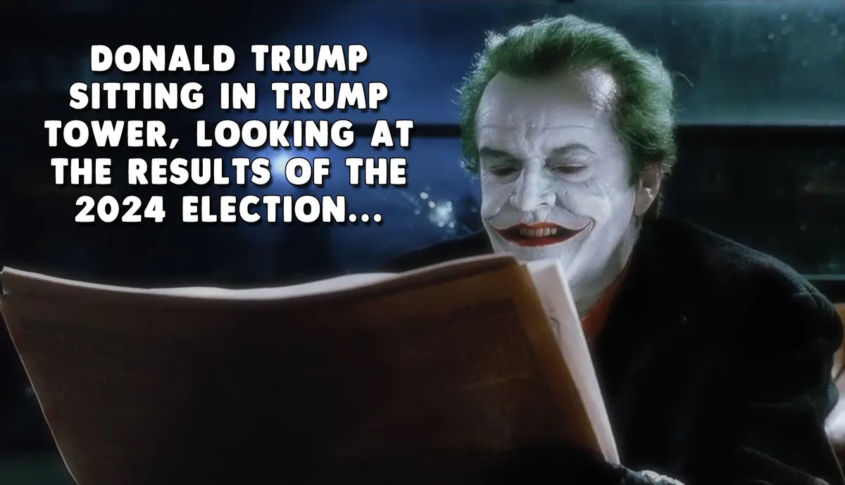 The image shows the Joker from the movie 'The Dark Knight' reading a newspaper with a smug, satisfied grin. Overlaid text…