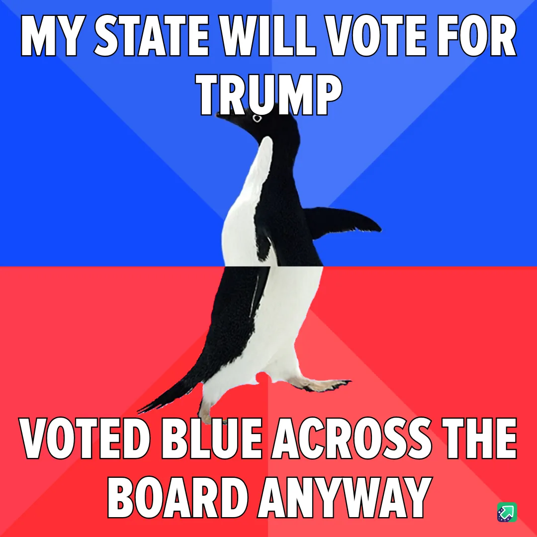 A penguin stands centered against a split background of blue on top and red on bottom. White bold text at the top reads 'MY…