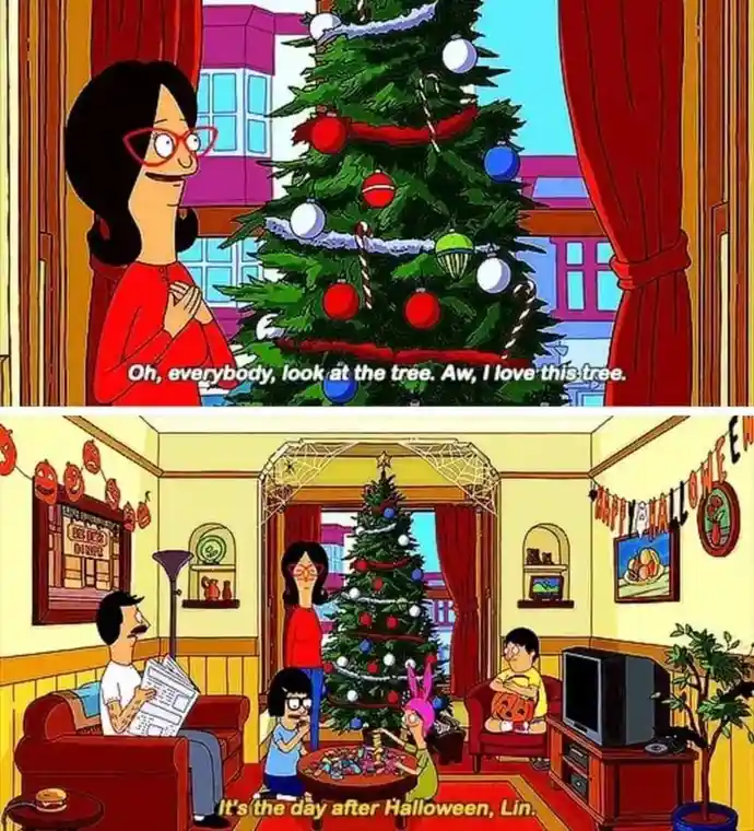 The top panel shows a woman in a red shirt and glasses admiring a decorated Christmas tree with candy canes and ornaments…