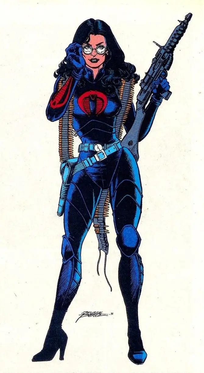 A comic book illustration of a female character in a blue and red Cobra Commander-style uniform, holding a large machine gun…