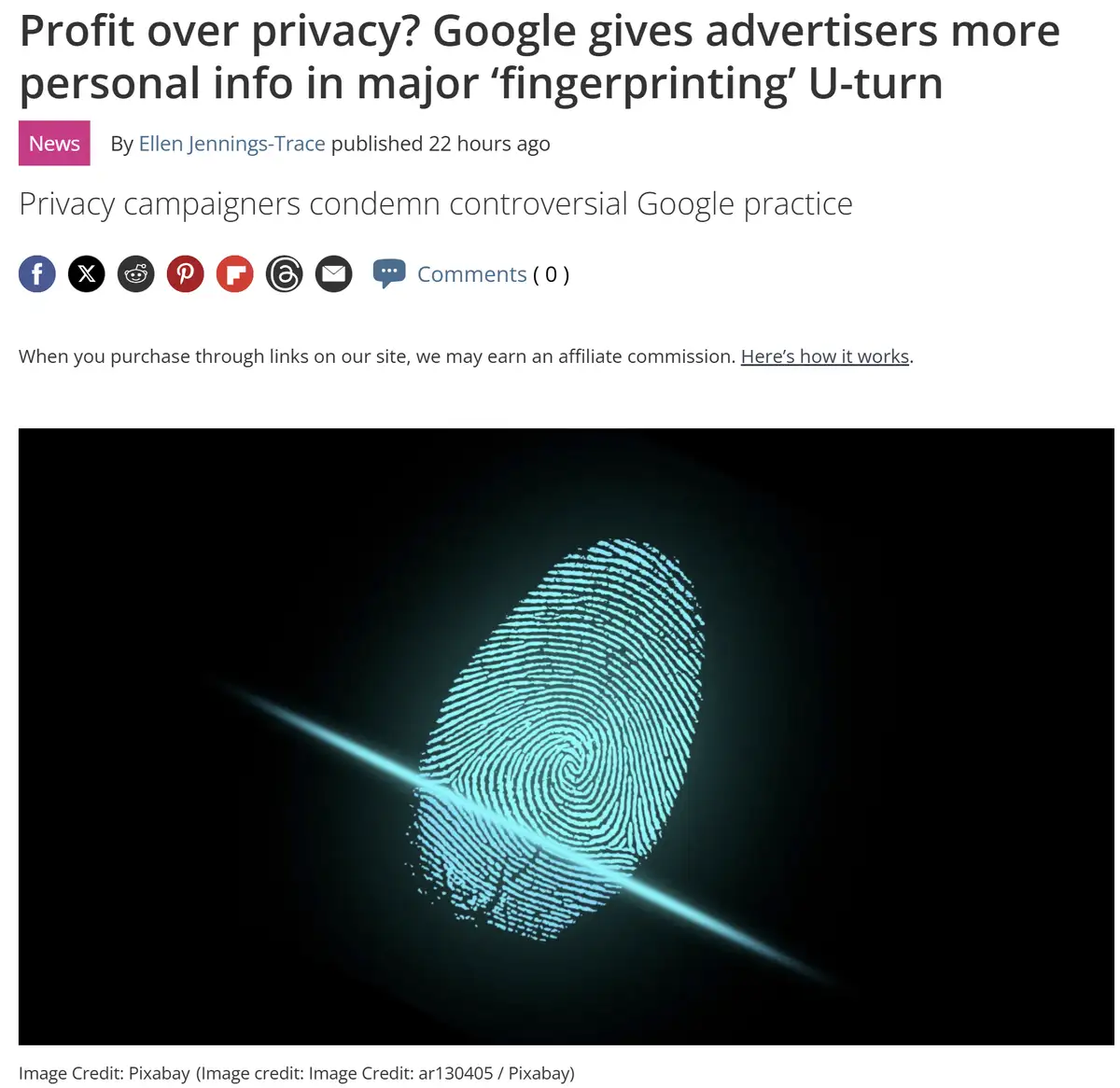 A news article screenshot shows a glowing blue fingerprint on a black background, symbolizing digital tracking. The headline…