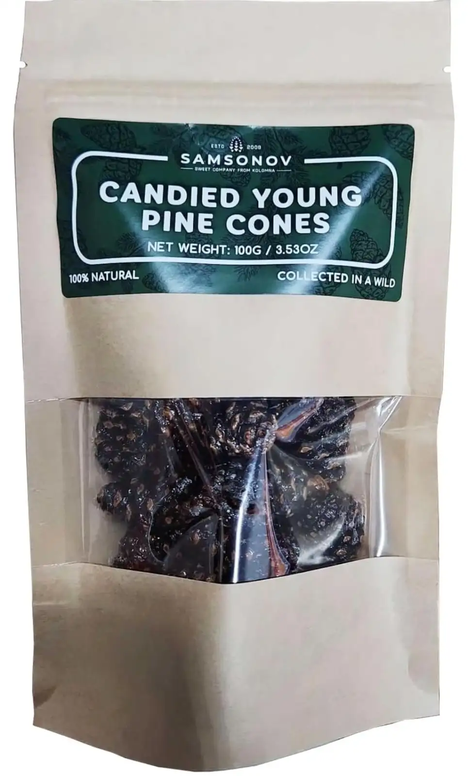 A brown resealable bag contains dark, glossy candied pine cones visible through a clear window. The green label reads…