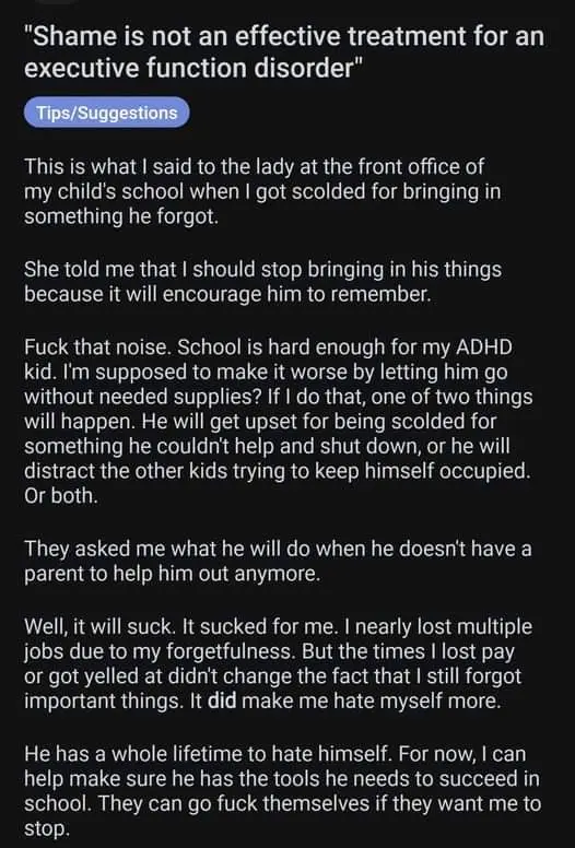 A black-background image displays white text formatted as a personal anecdote under the heading 'Shame is not an effective…