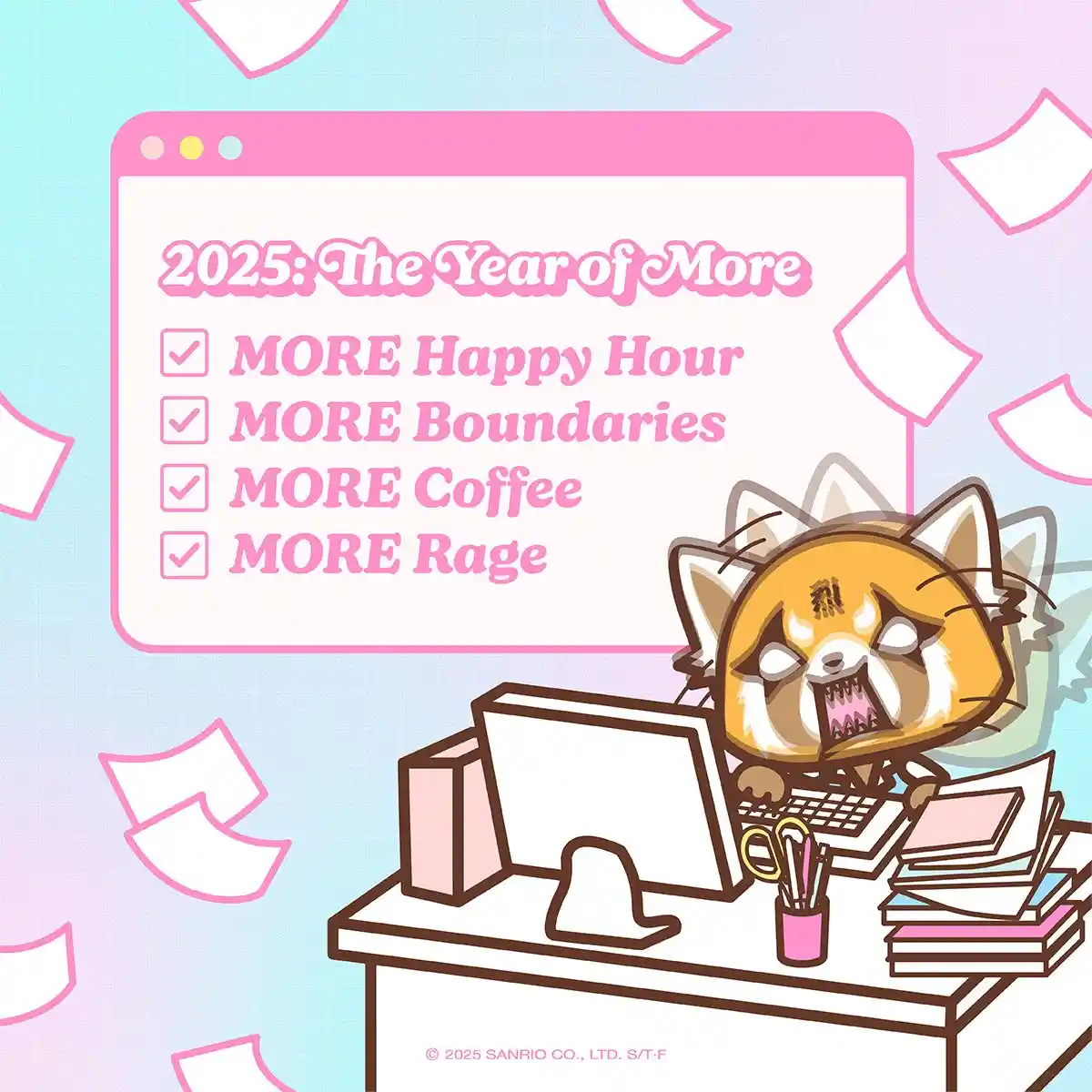A cartoon red panda sits at a cluttered desk, angrily screaming at a computer while surrounded by papers. A pink browser…