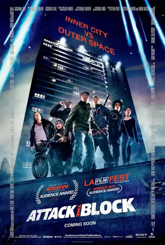 A movie poster for 'Attack the Block' shows a group of young people standing on a rooftop in front of a tall apartment…