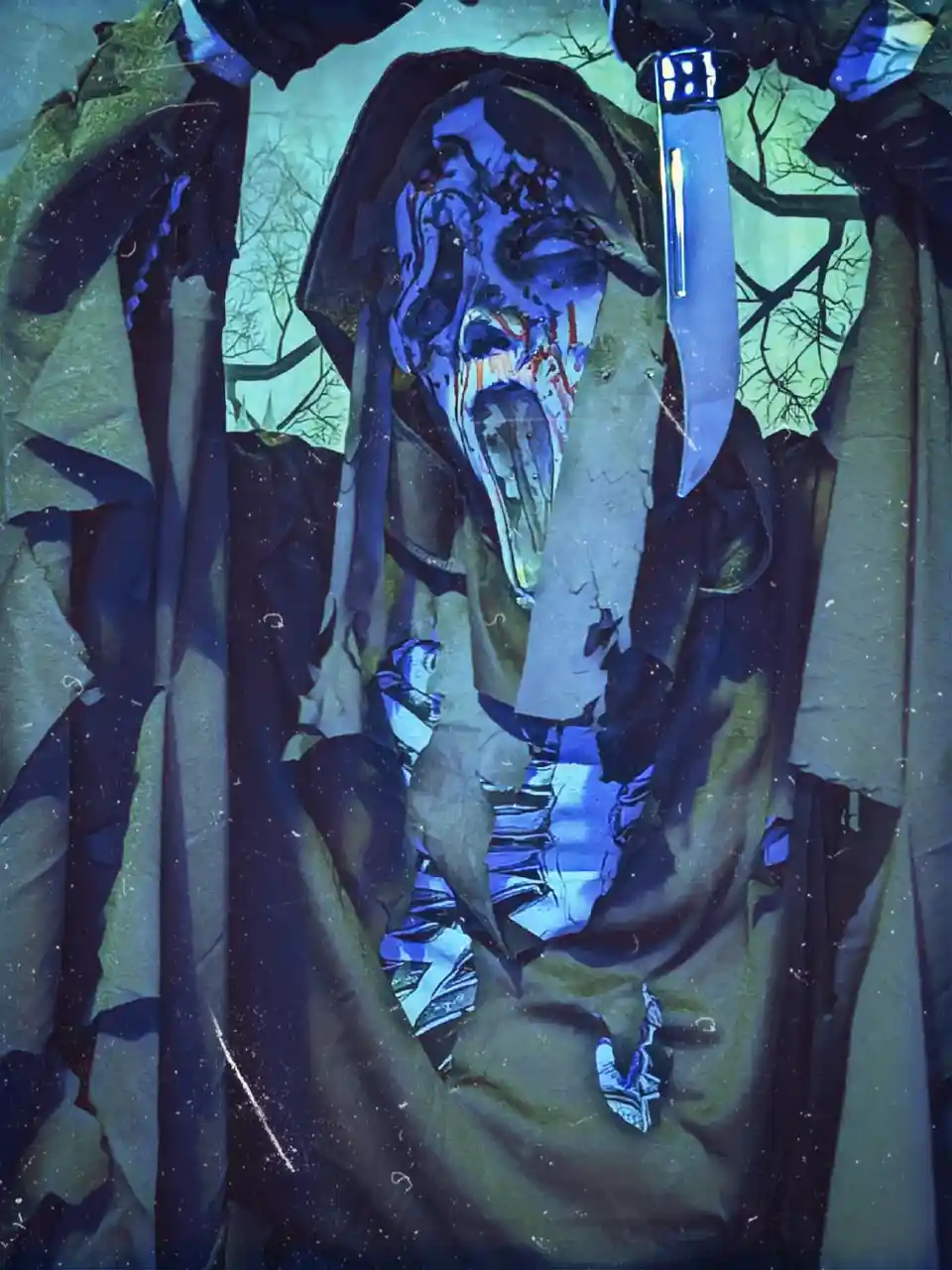 A digitally altered image shows a person in a dark, tattered robe with a grotesque, screaming blue face and a knife held up…