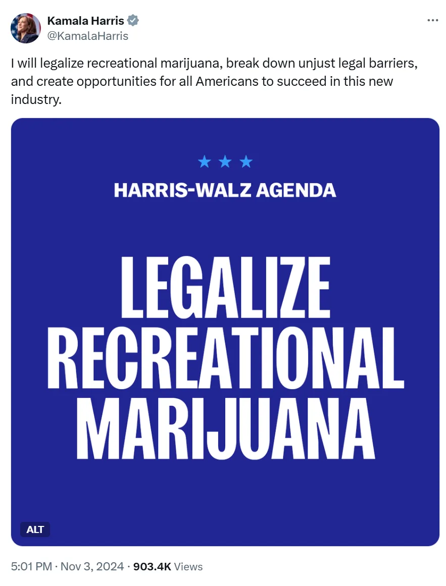 A screenshot of a tweet from Kamala Harris's official account showing her statement about legalizing recreational marijuana…