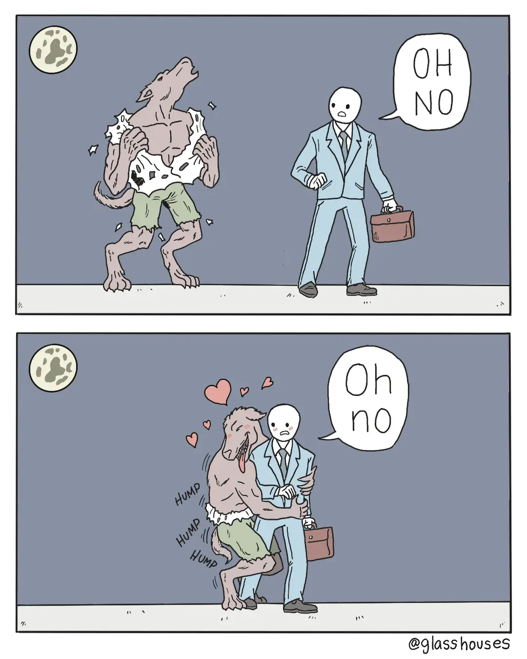 Two-panel comic: top panel shows a werewolf tearing off his shirt while a man in a suit reacts with "OH NO"; bottom panel…