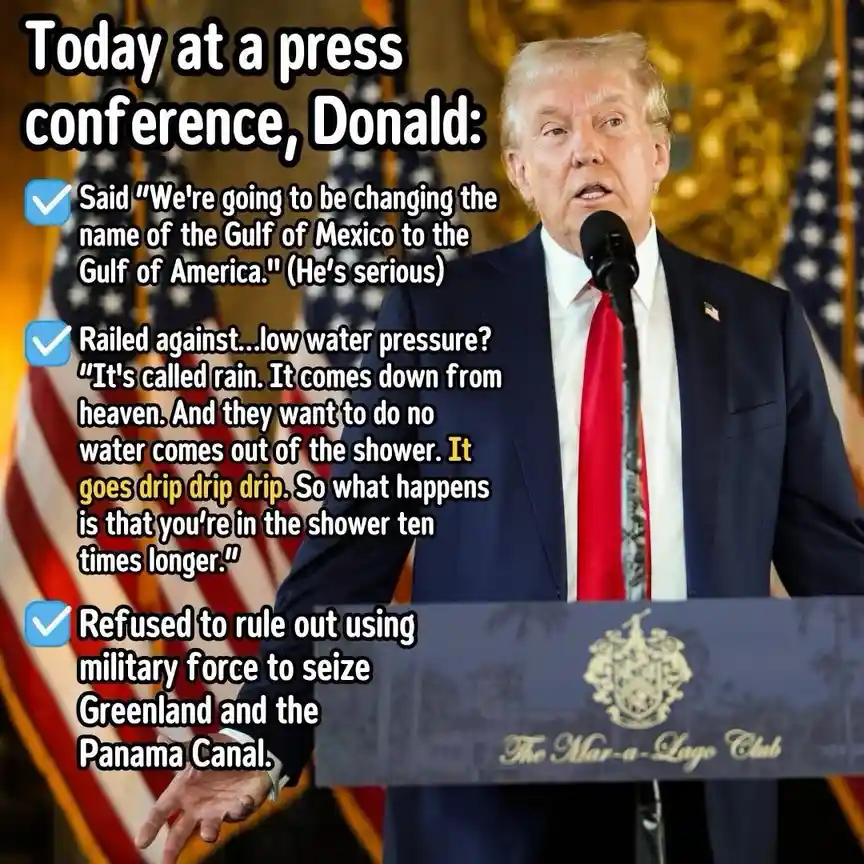 A photo of Donald Trump speaking at a podium with American flags behind him, overlaid with a list of three absurd claims…