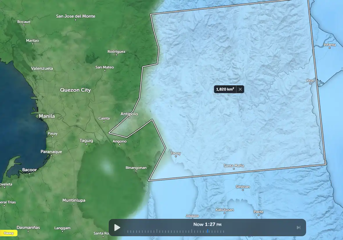 A map view of the Philippines showing a large white polygon covering a coastal area near Quezon City and Antipolo, with a…