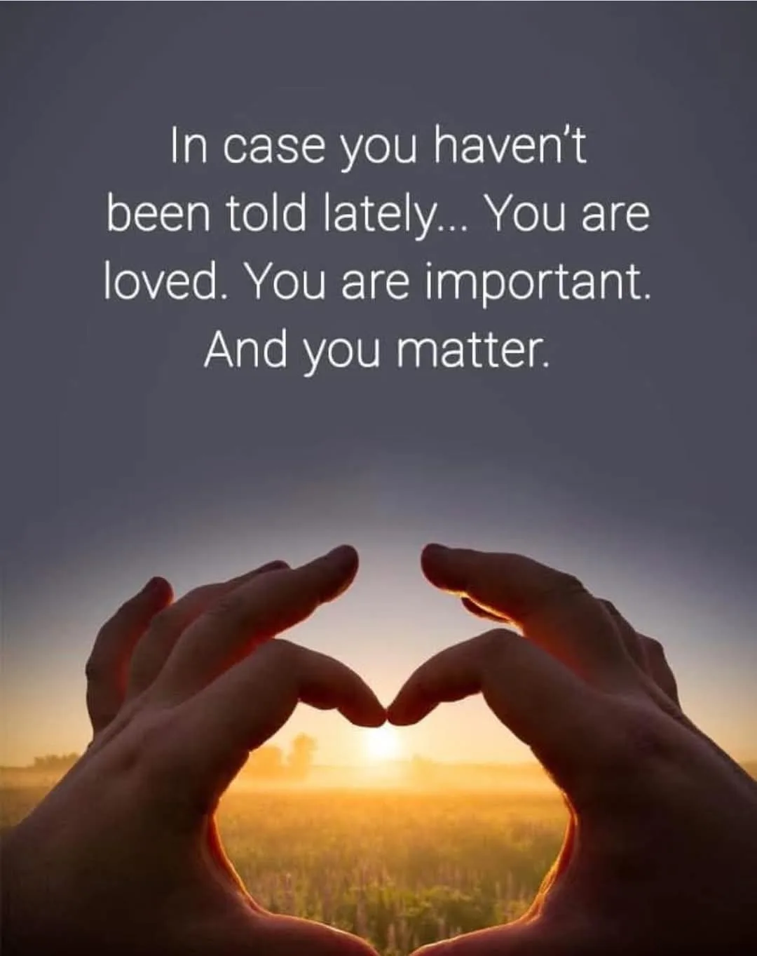 Two hands form a heart shape against a sunrise over a field, with white text overlaid that reads: 'In case you haven't been…