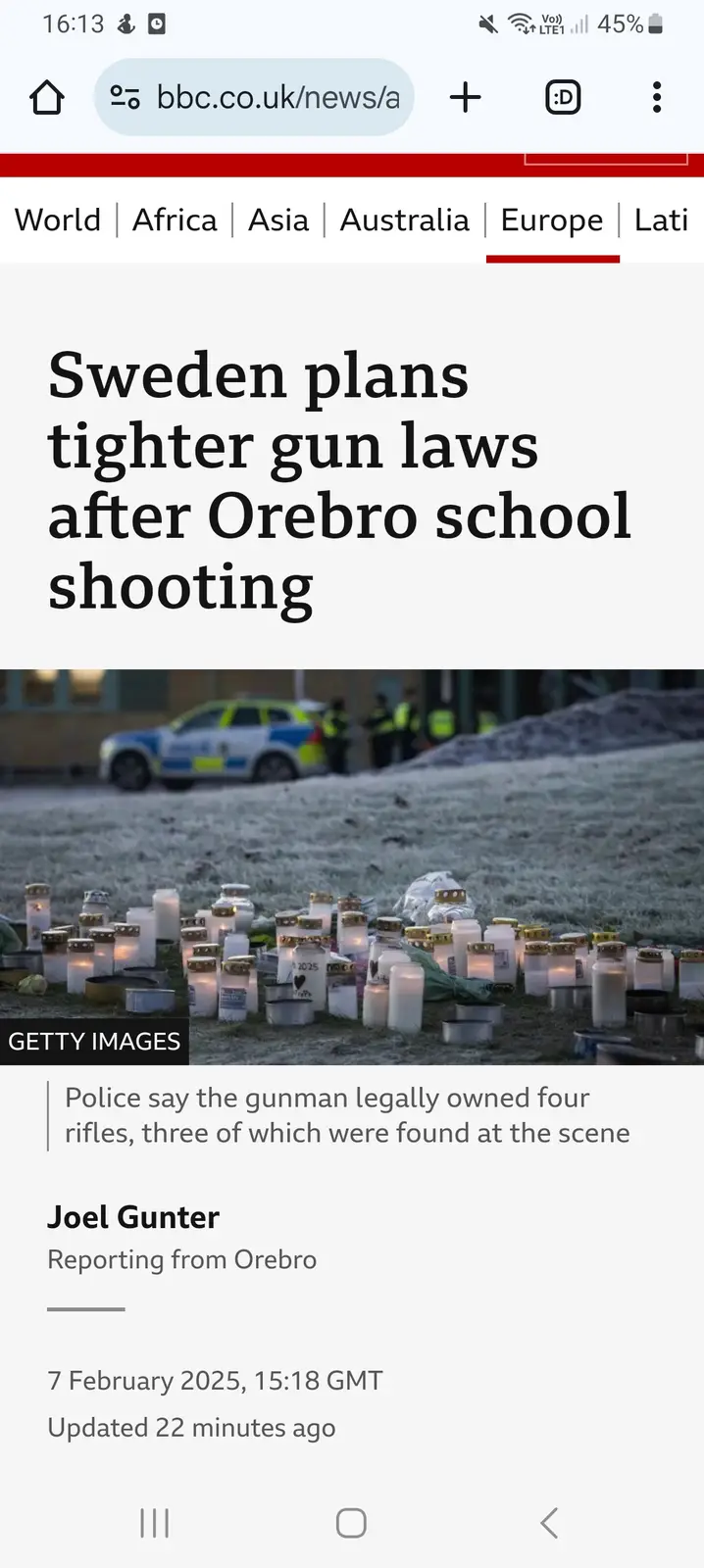 A screenshot of a BBC news article about Sweden planning tighter gun laws after a school shooting in Orebro, showing a photo…