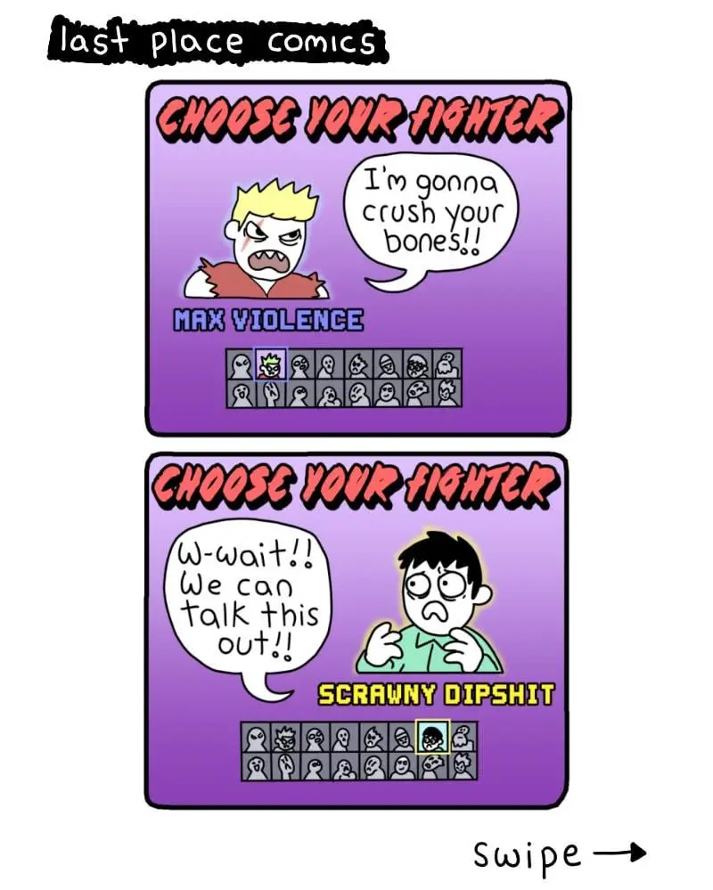 Two panels from 'last place comics' show a 'choose your fighter' game interface. The top panel features a muscular, angry…