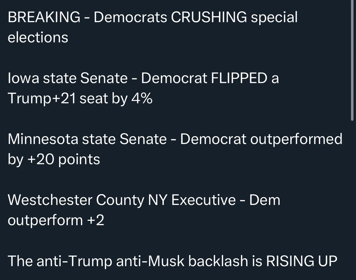 A dark-themed image displays white text listing recent Democratic election victories in Iowa, Minnesota, and Westchester…
