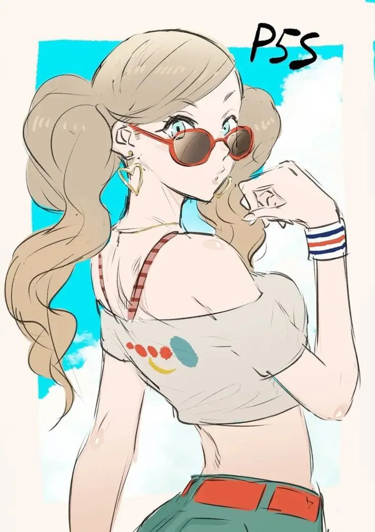 An anime-style illustration of a young woman with blonde hair in a high ponytail, wearing red sunglasses, a grey crop top…