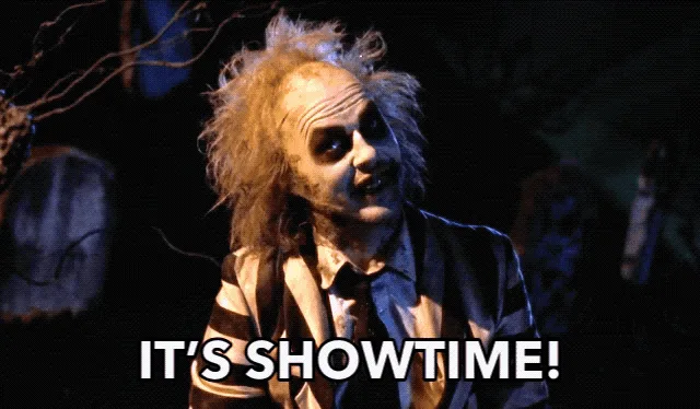 The image displays six panels of Beetlejuice from the movie, each showing him with wild hair and a striped suit…
