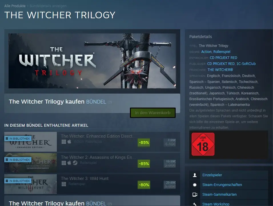 A screenshot of a Steam store page for 'The Witcher Trilogy' bundle, showing discounted prices for all three games with…