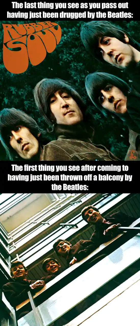 The image is split into two panels. The top panel shows the Beatles on the cover of their 1968 album 'Rubber Soul', with a…