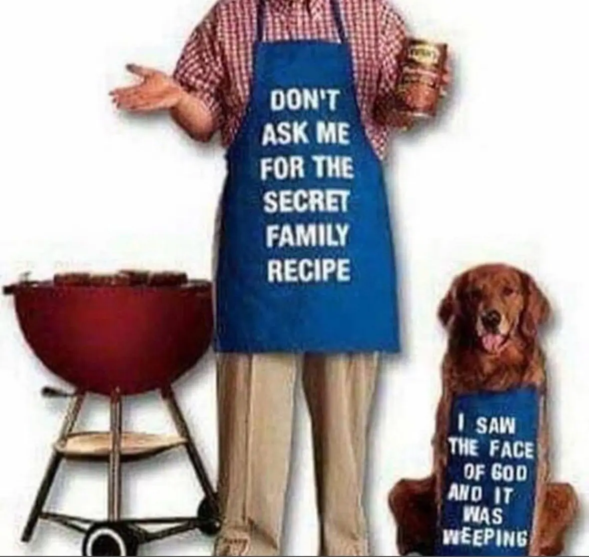 A person in a red plaid shirt and blue apron stands beside a red grill, holding a can and gesturing with their other hand…
