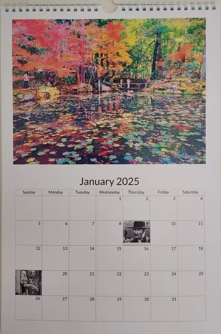 A January 2025 calendar page featuring a colorful autumn forest photo above the grid. The date '9' has a photo of a man in a…