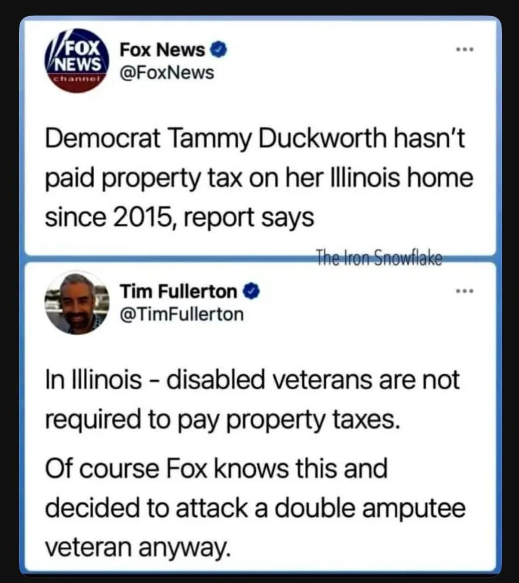 The image displays two Twitter posts. The top post from Fox News reports that Democrat Tammy Duckworth hasn't paid property…