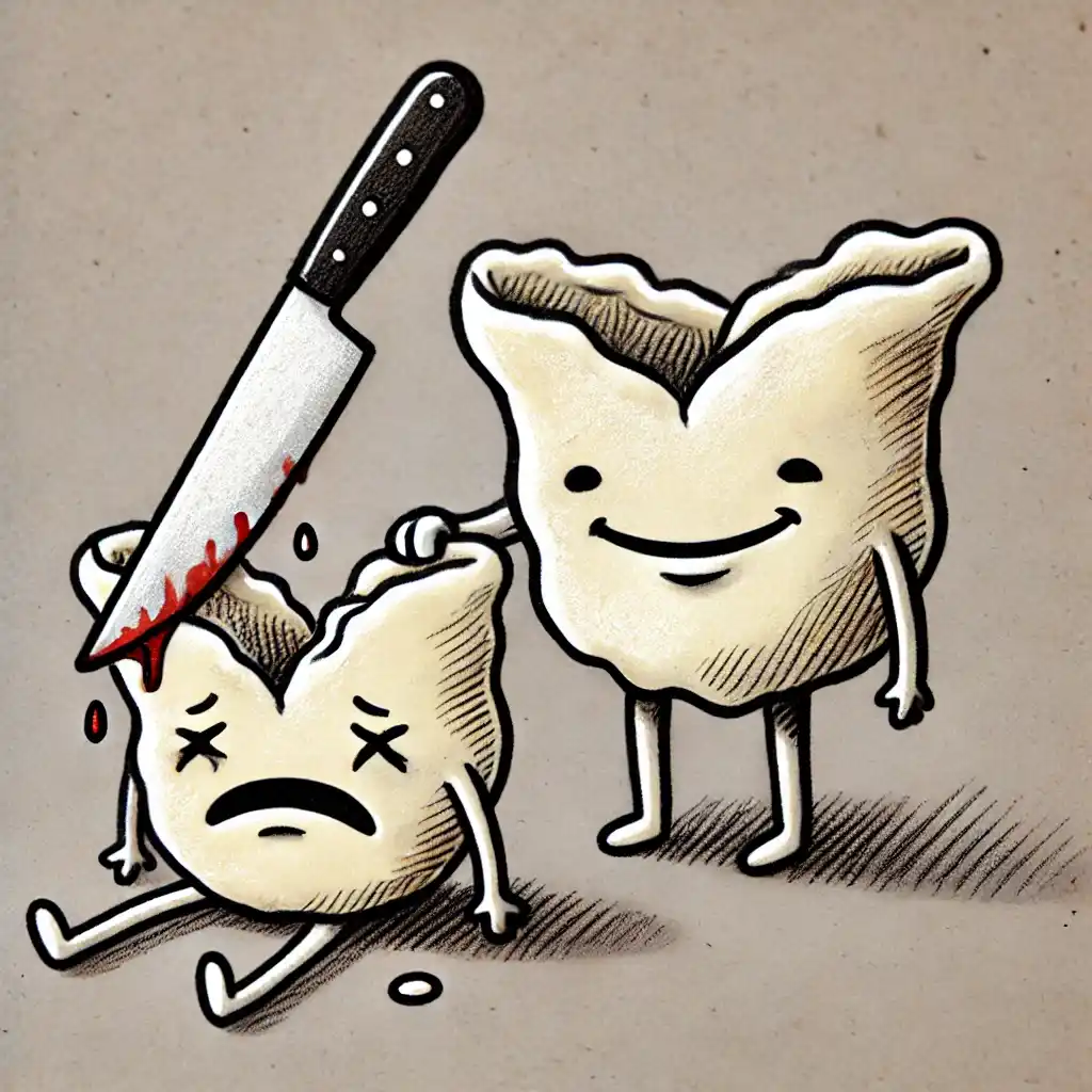 A cartoon illustration shows two anthropomorphic teeth. One tooth is smiling and holding a bloody kitchen knife pressed…