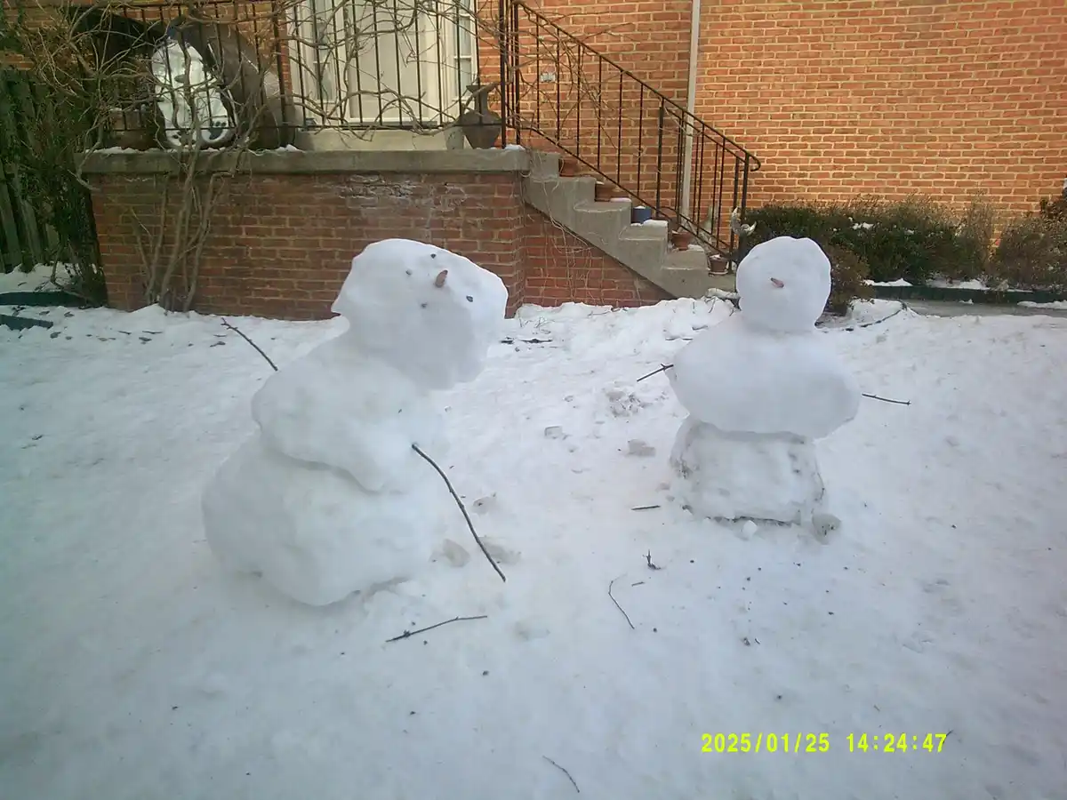 Two crudely built snowmen sit in a snowy yard in front of a brick house with stairs and a railing. The snowman on the left…