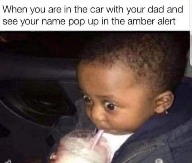 A young child with wide, startled eyes is shown drinking from a cup with a straw while seated in a car. The overlaid text…