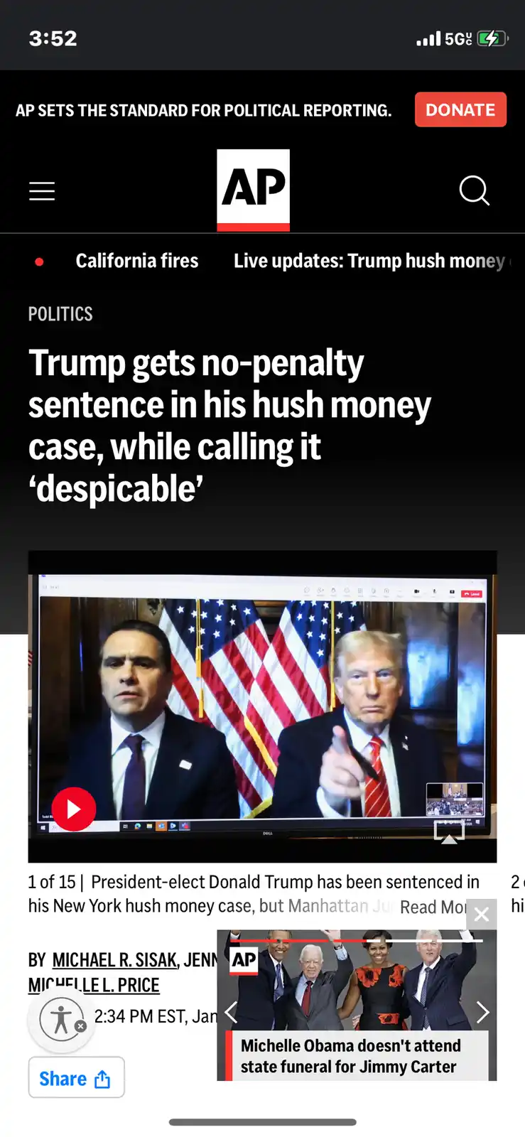 An AP News article screenshot shows a headline about Donald Trump receiving a no-penalty sentence in his hush money case…