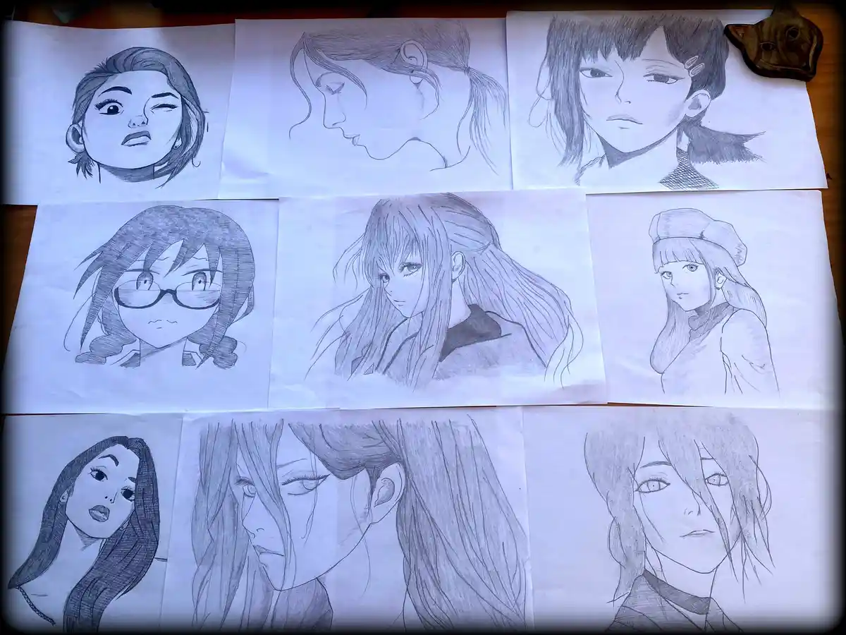 The image displays eight separate pencil sketches of female anime-style characters arranged in a grid on paper. Each drawing…