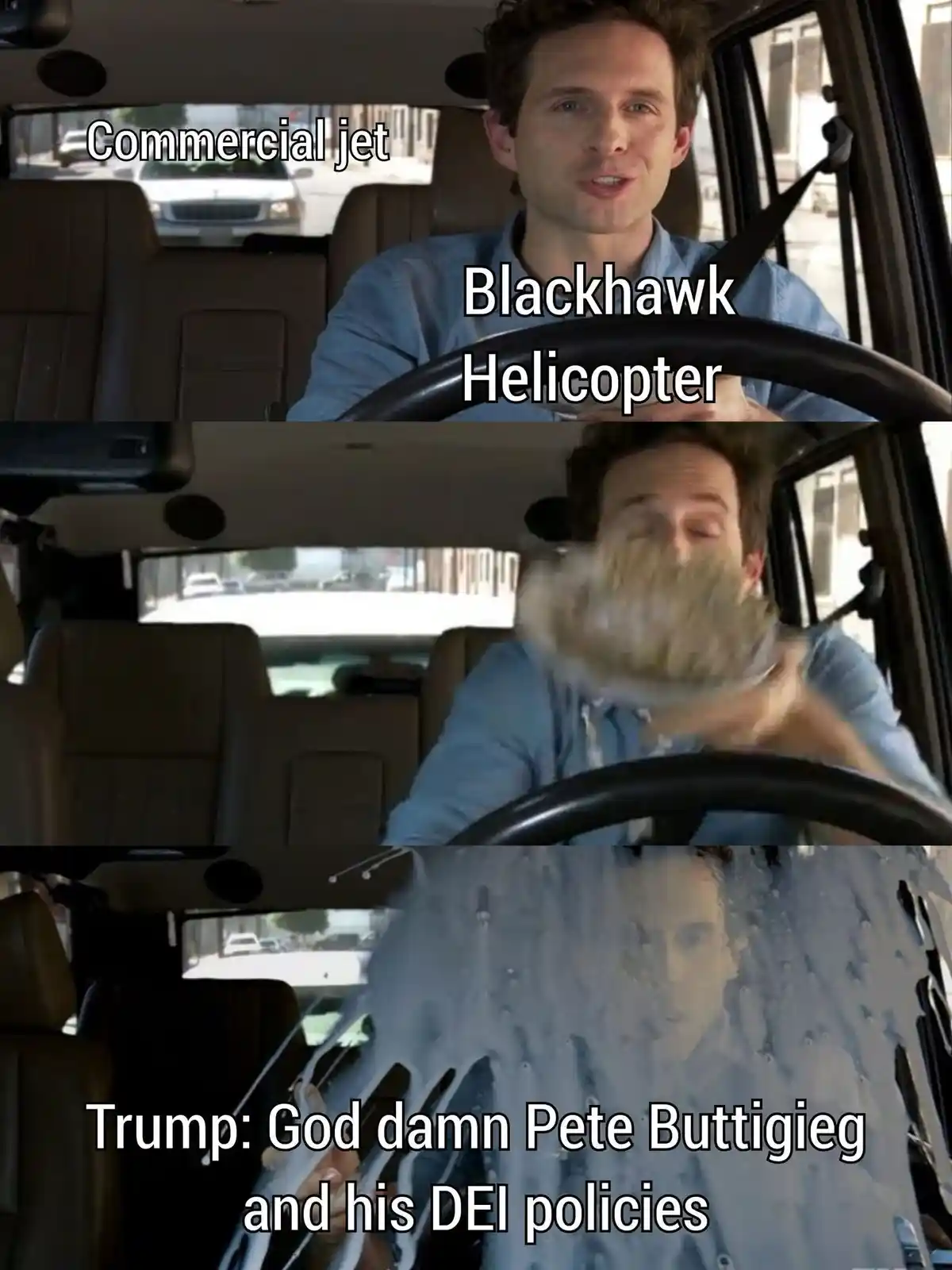 A three-panel meme featuring a man driving a car. In the first panel, he looks calm while text labels 'Commercial jet' and…